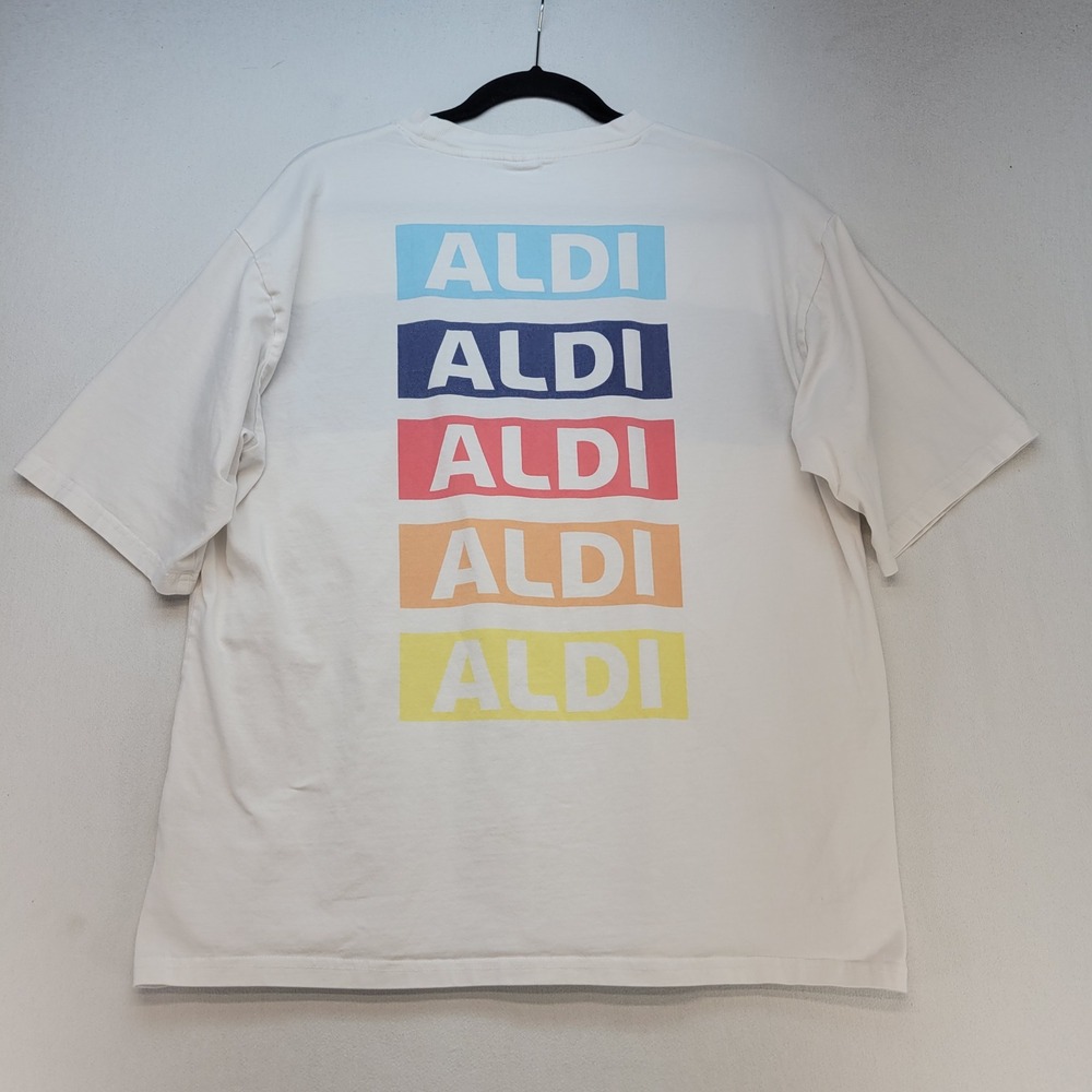Aldi Gear T-Shirt Mens Large White Graphic Stripe Retro Vintage Logo
